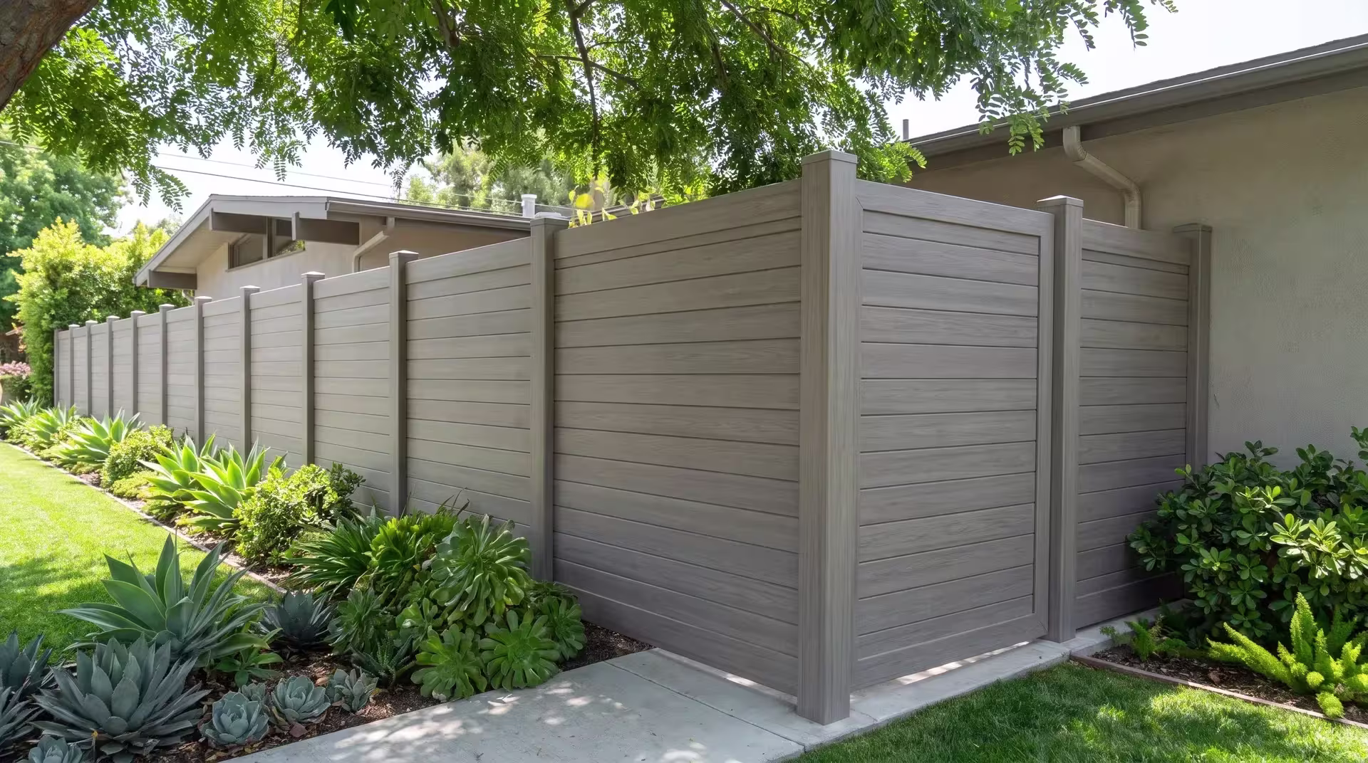 Succulents and leafy shrubs crowd a narrow side yard beside this horizontal privacy fence, dressed in Weathered Blend vinyl