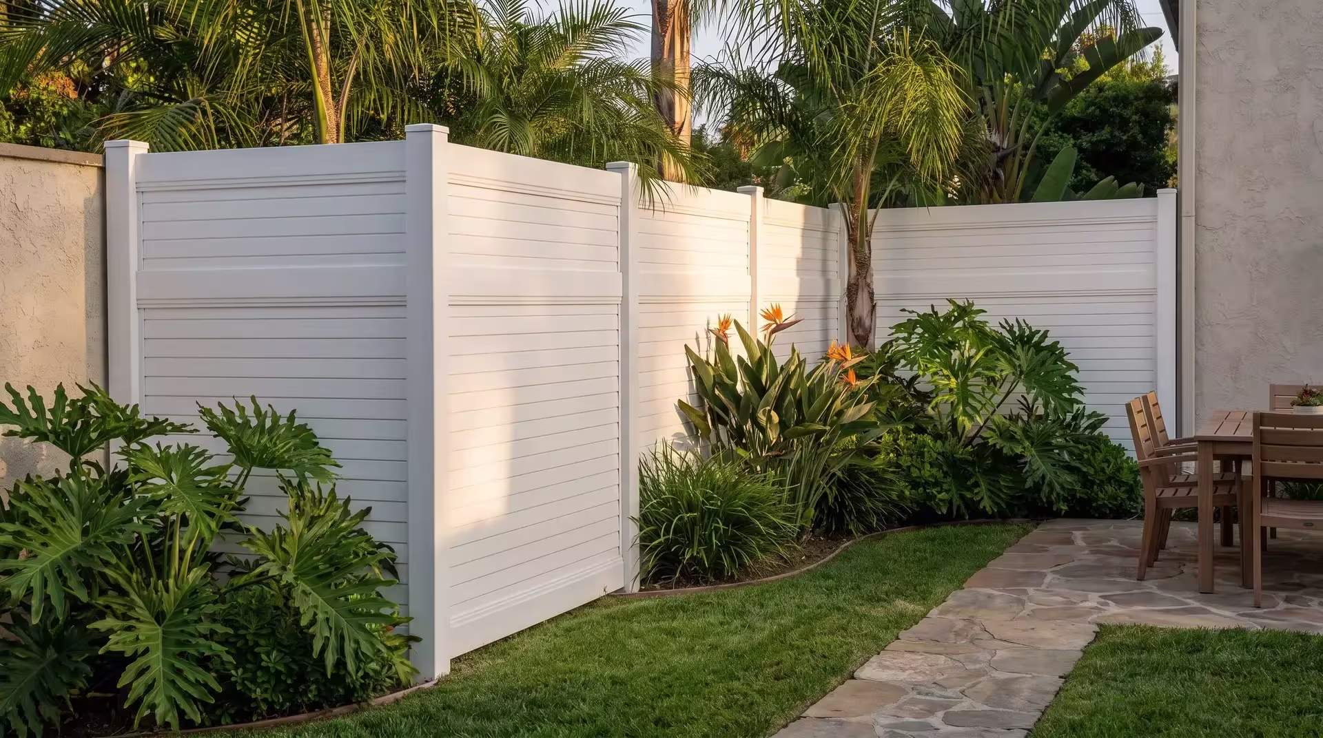 Straight rails and matching caps detail this White vinyl horizontal privacy fence beside a courtyard dining terrace