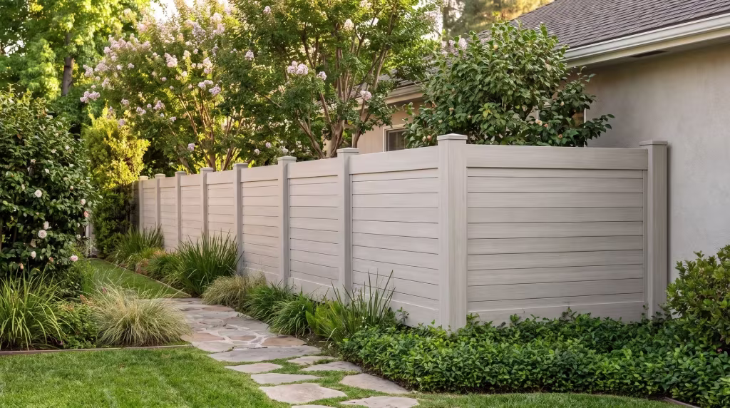 Camellias and clumping grasses flank a Mesquite vinyl horizontal privacy fence along a narrow rear yard