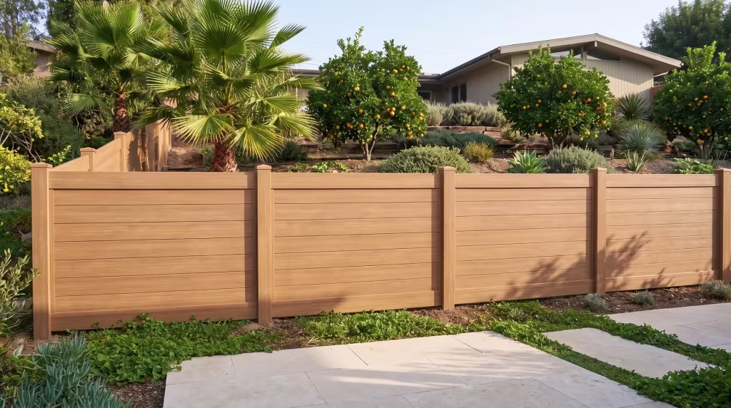 A tall fan palm shades this horizontal privacy fence, wrapped in Sierra Blend vinyl, on a terraced hillside