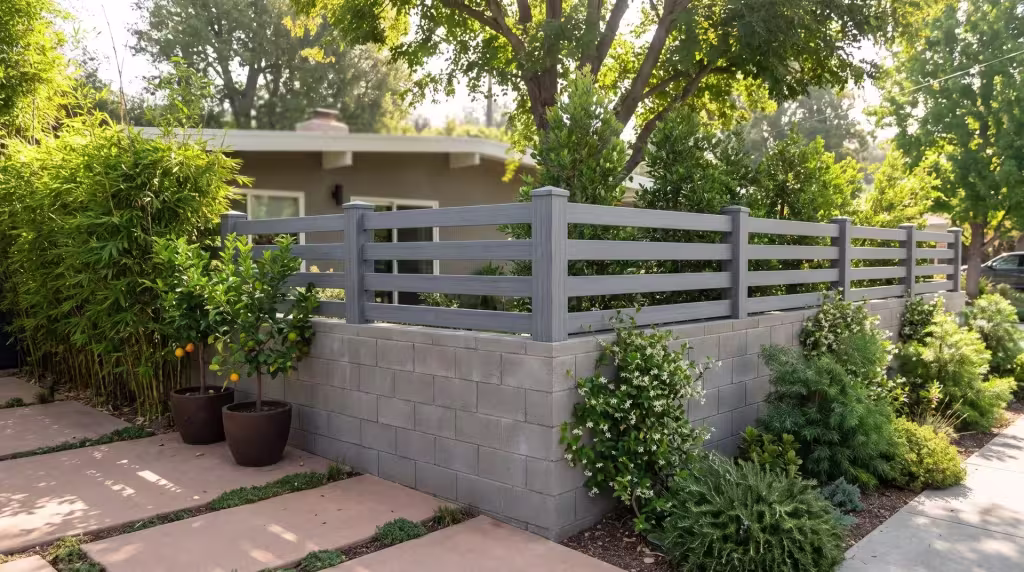Horizontal picket wall topper in Arctic Blend vinyl rising above bamboo screening and citrus trees