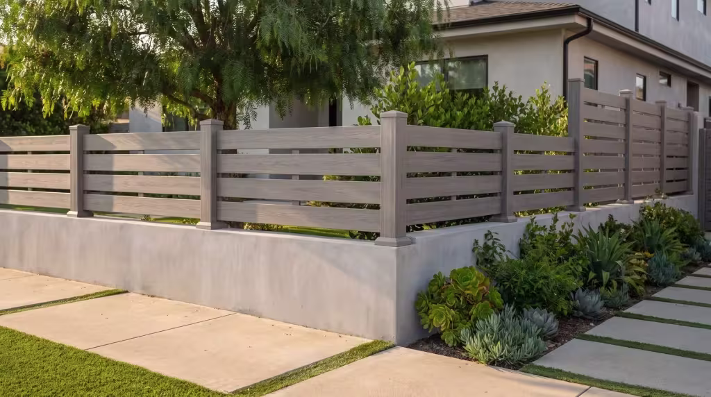 Horizontal picket wall topper in Weathered Blend vinyl topping a smooth concrete wall behind succulents and turf