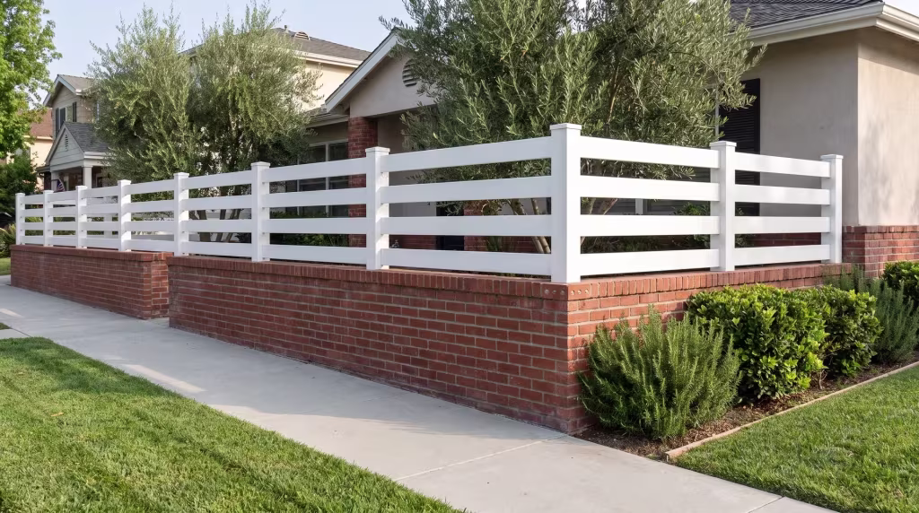 White vinyl horizontal picket topper crowning a duplex's brick boundary wall beneath olive trees