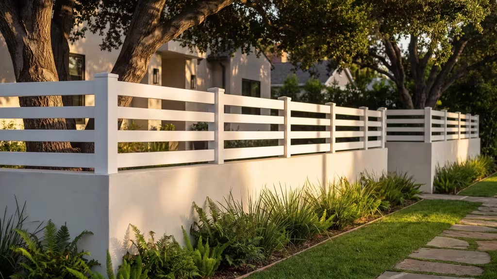 White vinyl horizontal picket wall topper following a painted concrete property line wall
