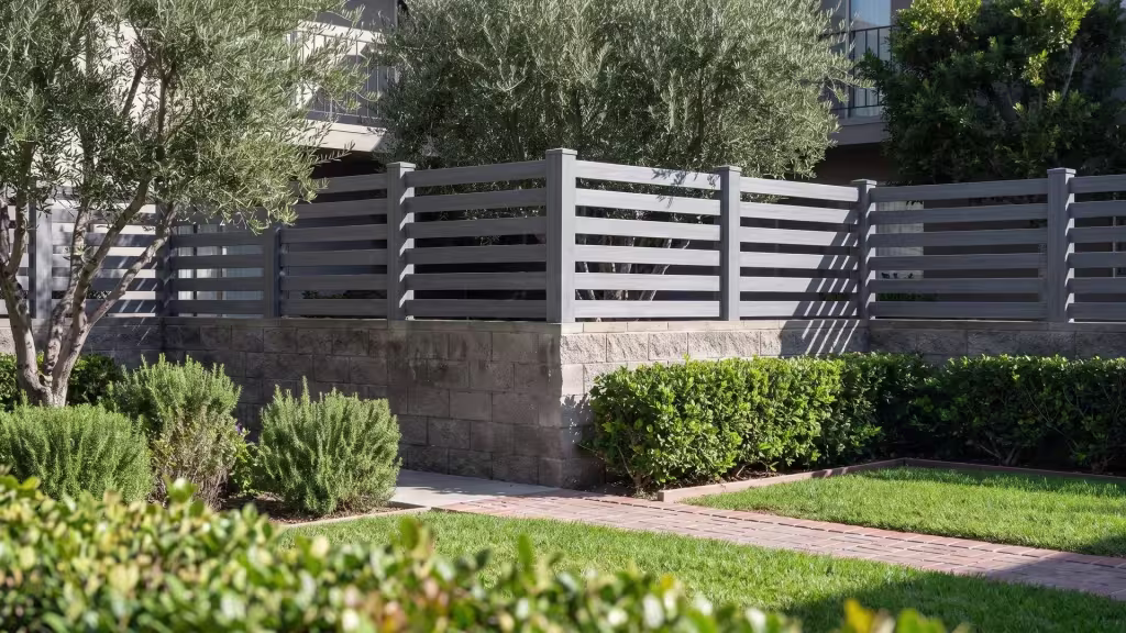 Arctic Blend vinyl horizontal picket wall topper raised on a split face block wall