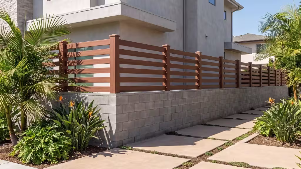 Horizontal picket wall topper in Brazilian Blend vinyl crowning a gray block wall among queen palms