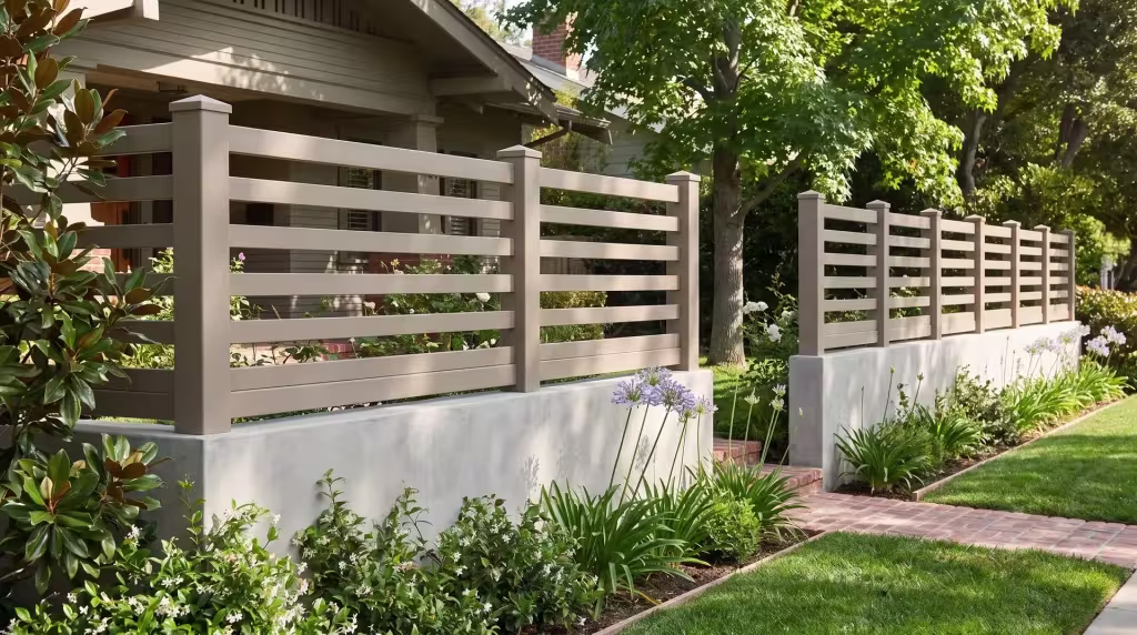 Horizontal picket wall topper in Clay vinyl sits atop a concrete wall beside a brick-edged garden path