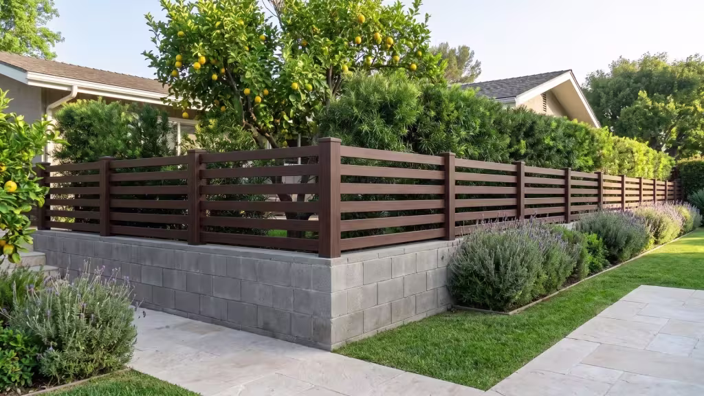 Dark Sequoia vinyl horizontal picket wall topper finishing a block wall at a ranch home
