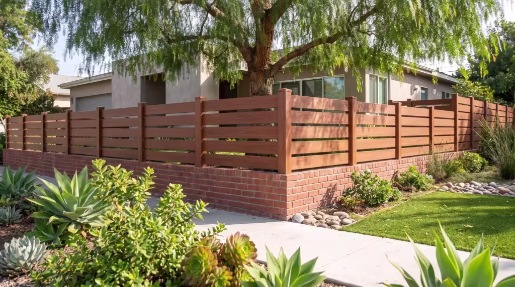 Brazilian Blend horizontal picket wall topper built in vinyl sits on a red-brick wall beneath a pepper tree