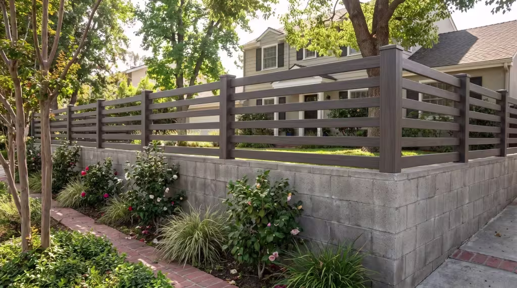 Dark Walnut vinyl horizontal picket topper rising above a green groundcover bed near crepe myrtle and camellias