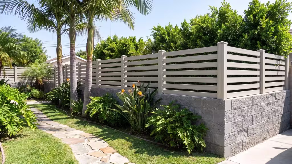 Mesquite vinyl horizontal picket wall topper mounted along a duplex's gray block boundary wall
