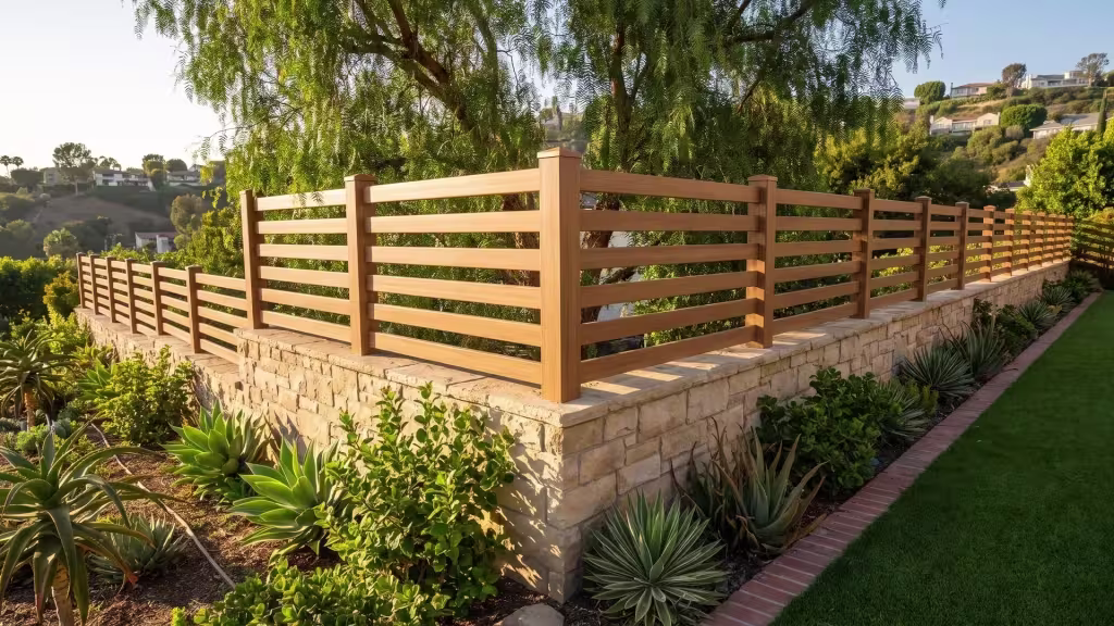 Pepper tree canopy shades a buff stone wall wearing a Sierra Blend vinyl horizontal picket topper