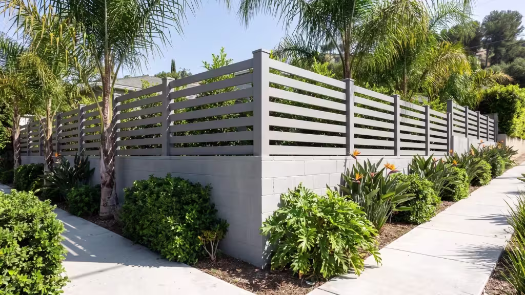 Slate Gray vinyl horizontal picket wall topper spanning a painted concrete property line wall near queen palms