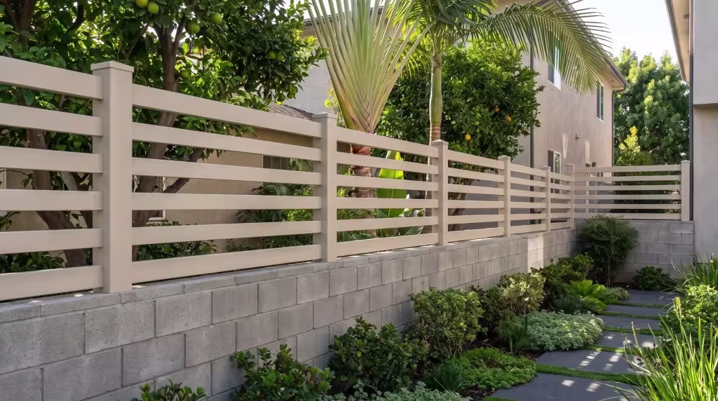Horizontal picket wall topper in Tan vinyl standing beside a tall fan palm and citrus trees