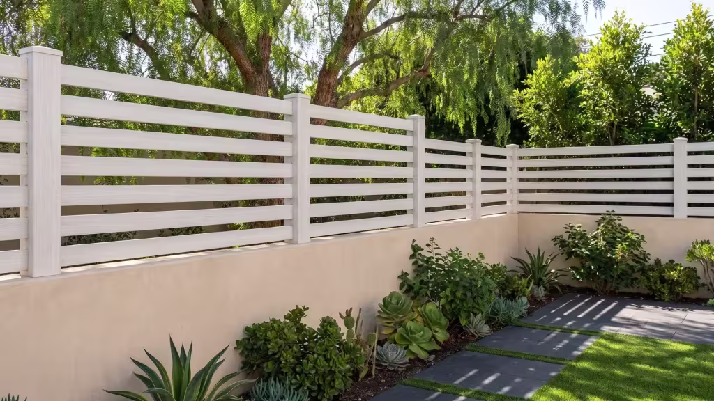 A buff stone wall on this hillside lot carries a Weathered Aspen vinyl horizontal picket topper beside charcoal pavers