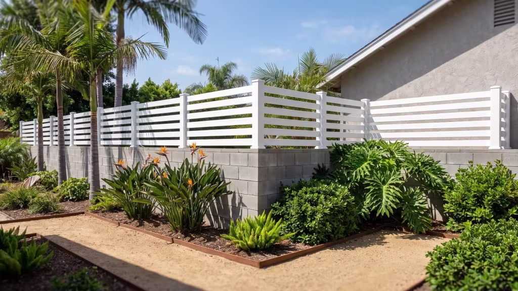 Split-face concrete block wall carrying a White vinyl horizontal picket topper past clustered queen palms and philodendron