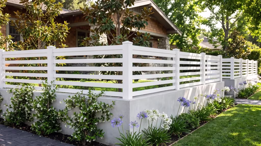 A smooth light gray concrete wall at a Craftsman bungalow carries a White vinyl horizontal picket topper