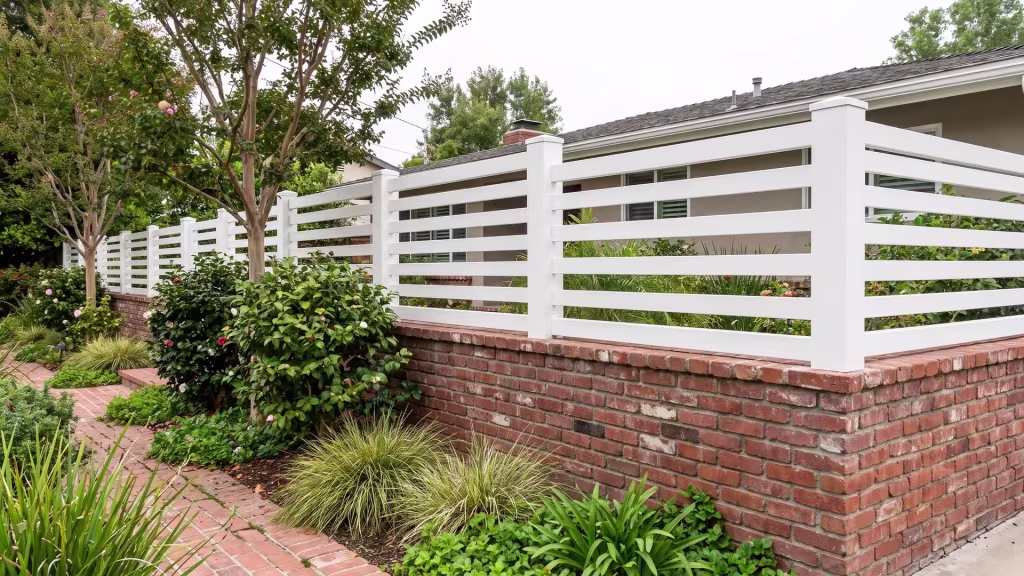 Warm red brick boundary wall at a mid-century ranch home capped by a White vinyl horizontal picket topper