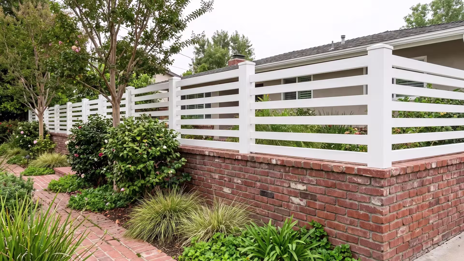 Warm red brick boundary wall at a mid-century ranch home capped by a White vinyl horizontal picket topper