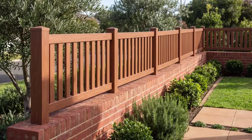Brazilian Blend vinyl picket wall topper capping a red brick boundary wall beneath olive trees, vertical boards throughout
