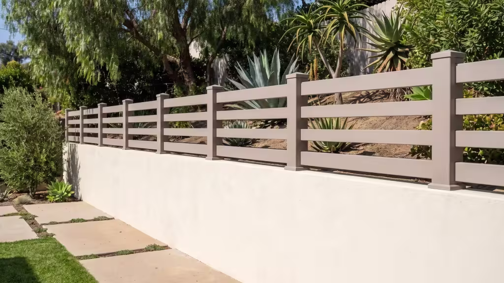 Clay vinyl horizontal picket wall topper resting atop a pale stuccoed garden wall on a pepper tree hillside