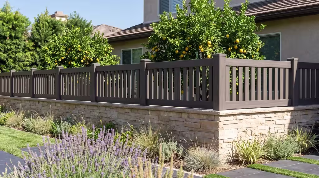 Dark Walnut vinyl picket wall topper crowning a low buff stone wall beside lemon trees, vertical boards throughout