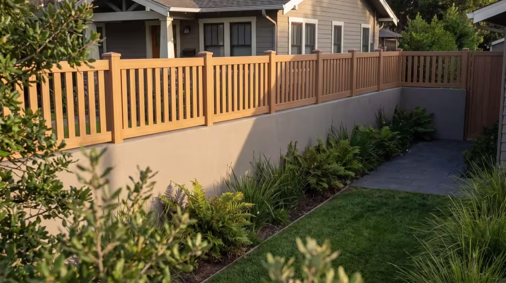 Sierra Blend vinyl picket wall topper rising above a concrete wall shaded by a coast live oak, vertical boards
