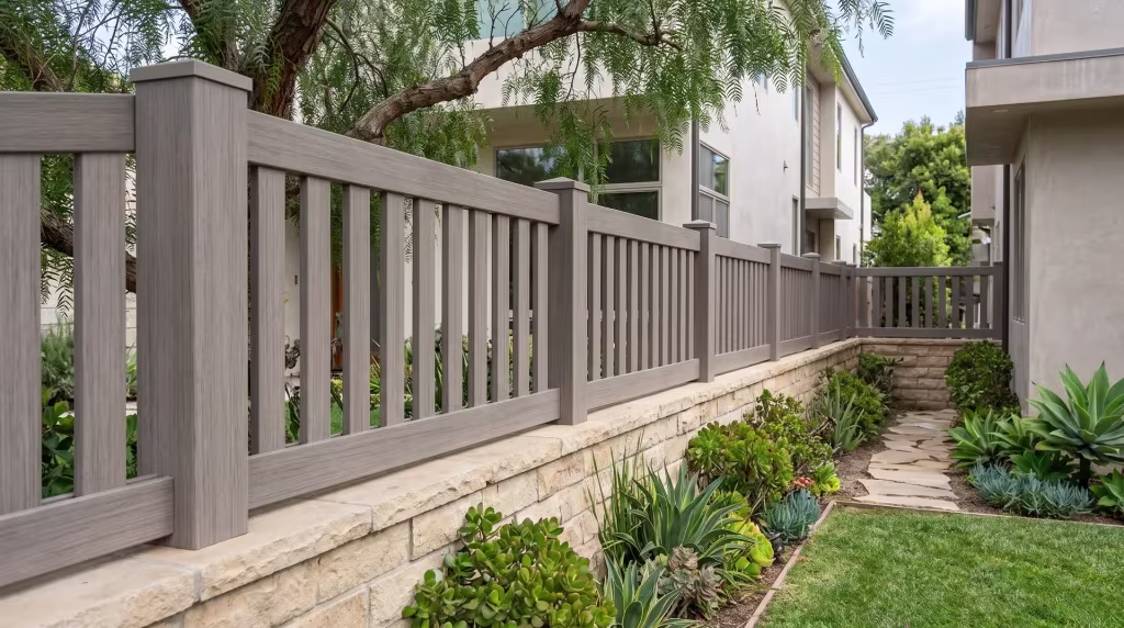 Weathered Blend vinyl picket wall topper following a buff stone wall beside a flagstone walk, vertical boards throughout