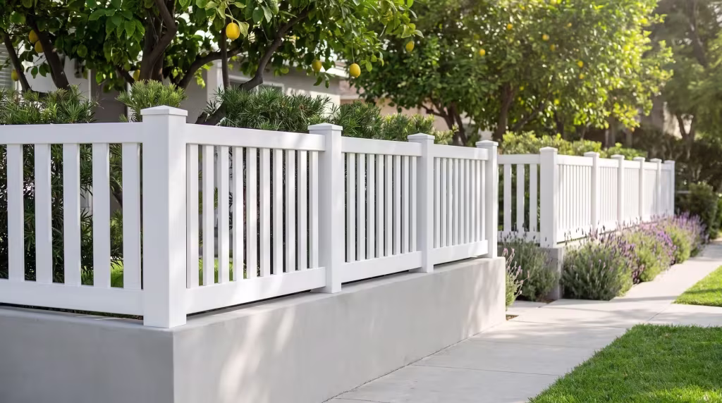 White vinyl picket wall topper set along a smooth light gray boundary wall near lemon trees, vertical boards