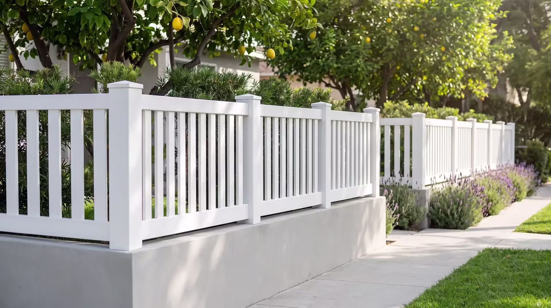 White vinyl picket wall topper set along a smooth light gray boundary wall near lemon trees, vertical boards