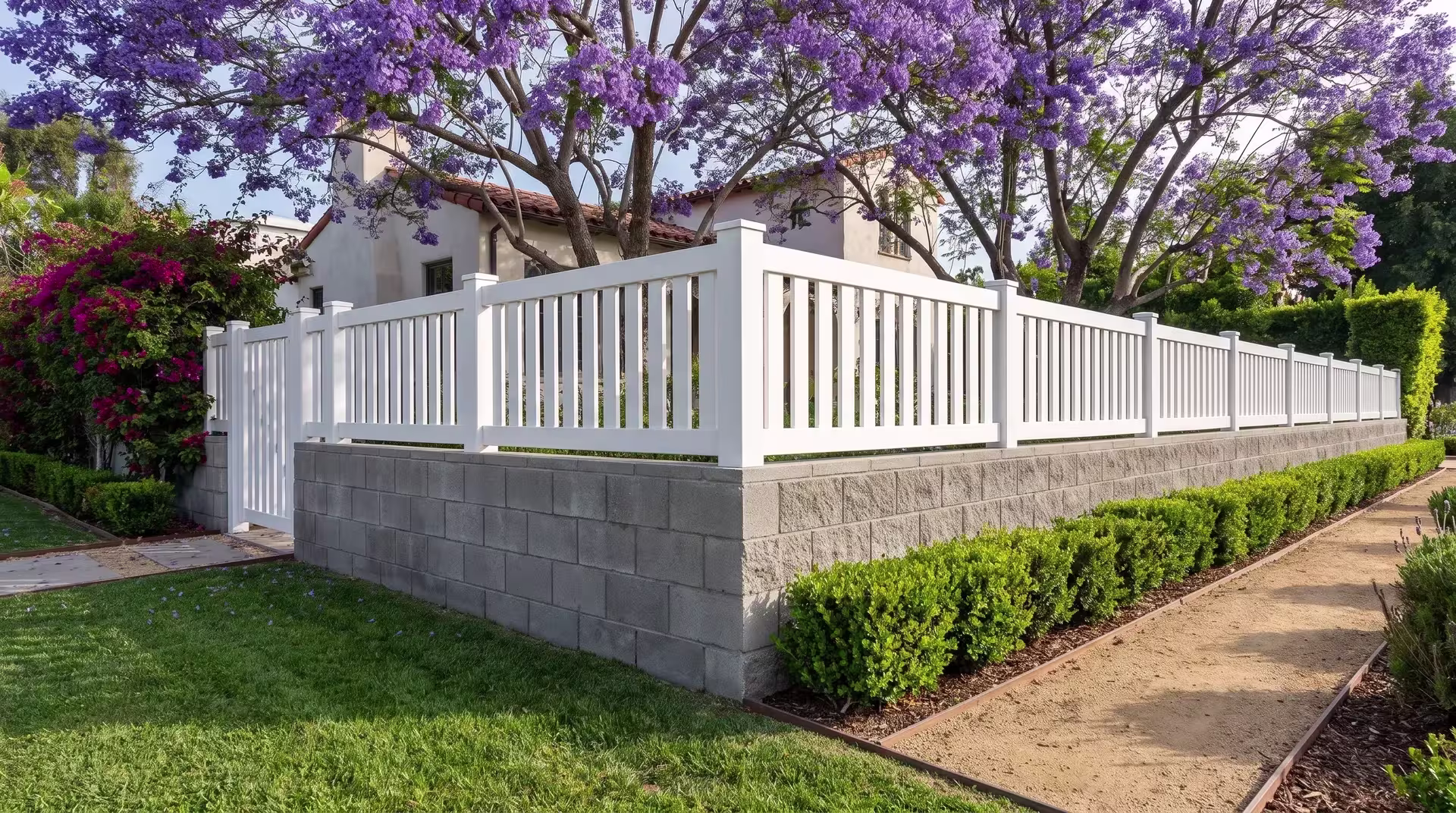 White vinyl picket wall topper mounted on a split face concrete block wall under a jacaranda canopy, vertical boards