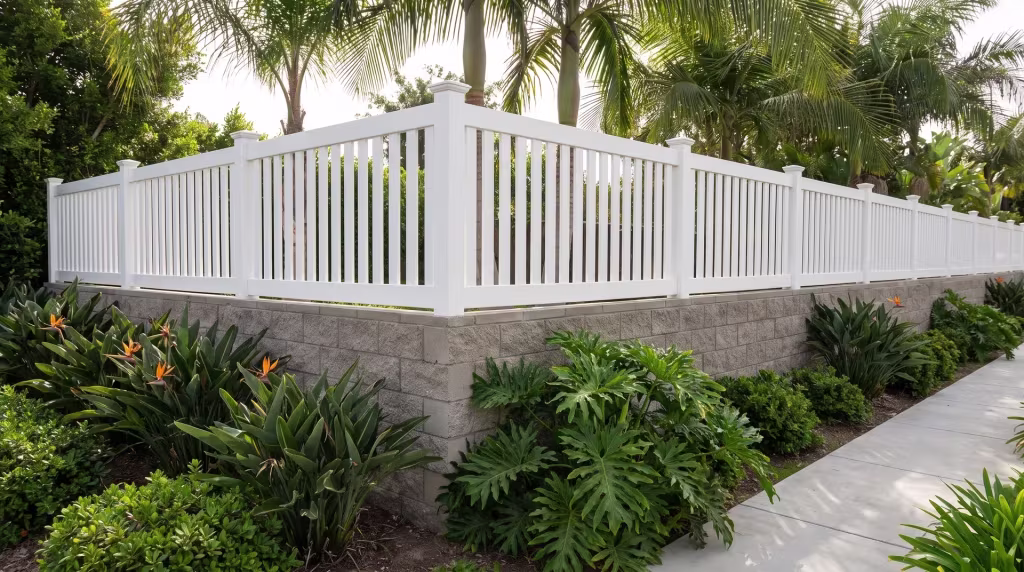 Philodendron and bird of paradise crowd a White vinyl picket wall topper near queen palms, vertical boards throughout