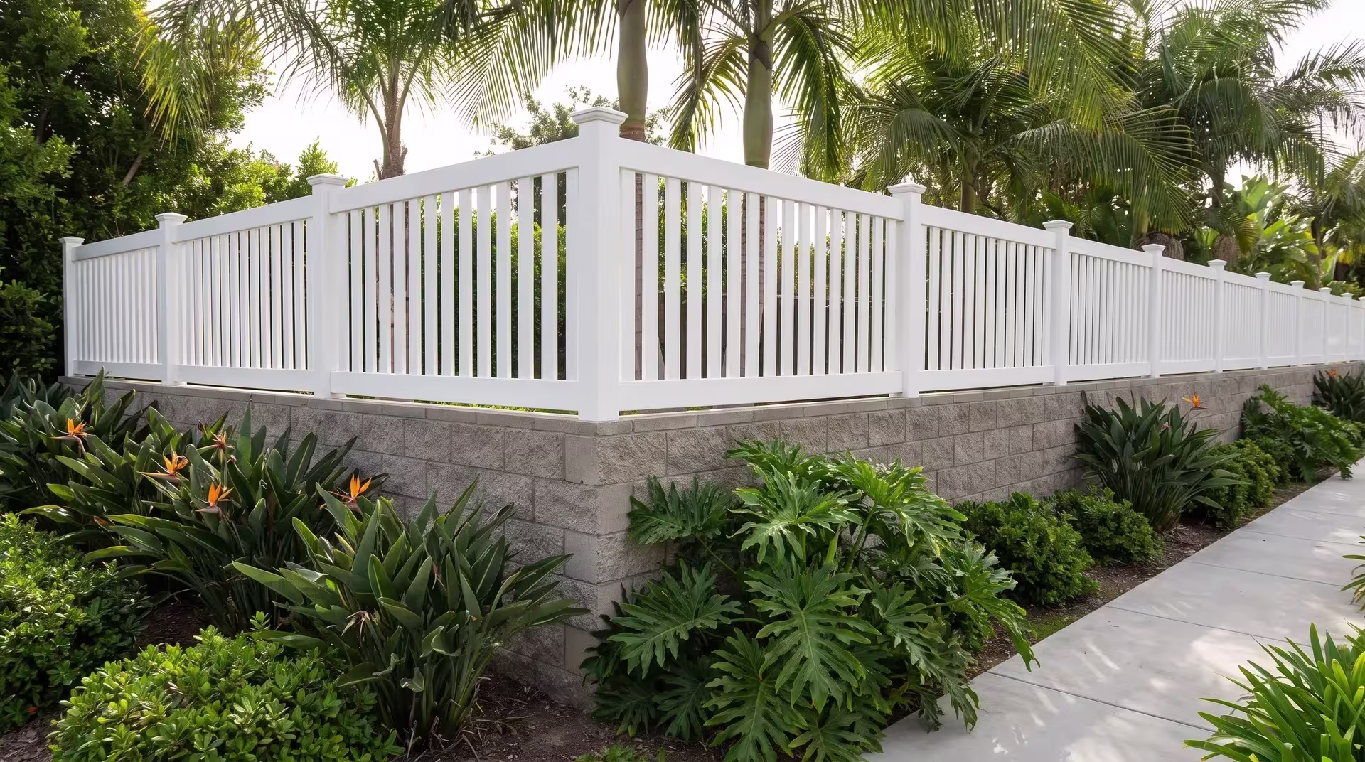 Philodendron and bird of paradise crowd a White vinyl picket wall topper near queen palms, vertical boards throughout