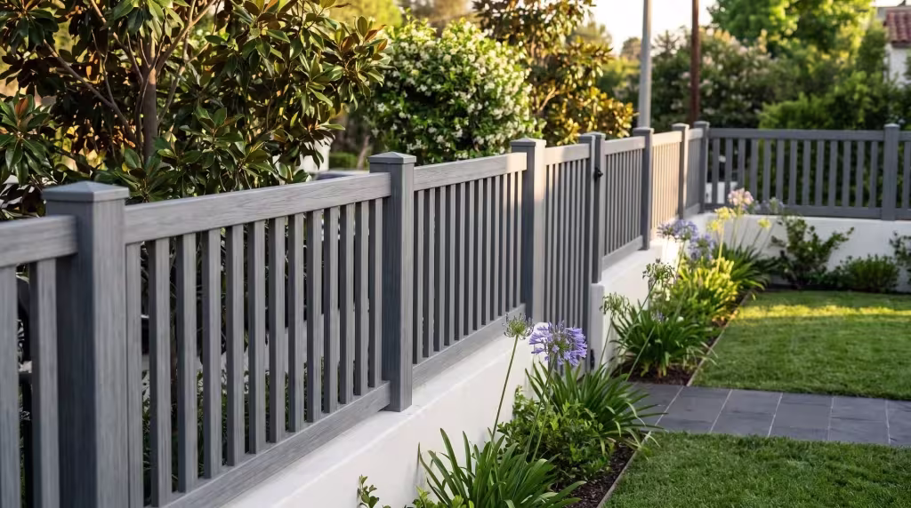 Arctic Blend vinyl picket wall topper set atop a concrete wall among magnolia and jasmine, vertical boards throughout