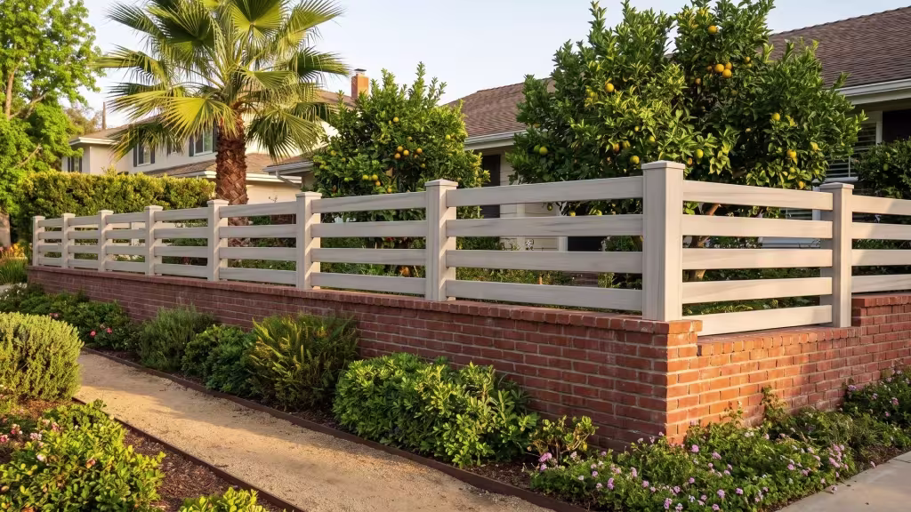 A red brick boundary wall beside a tall fan palm carries a Coastal Cedar vinyl horizontal picket topper