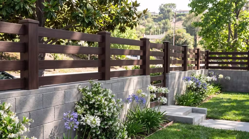 Horizontal picket wall topper in Dark Sequoia vinyl rising above concrete retaining steps on a hillside garden