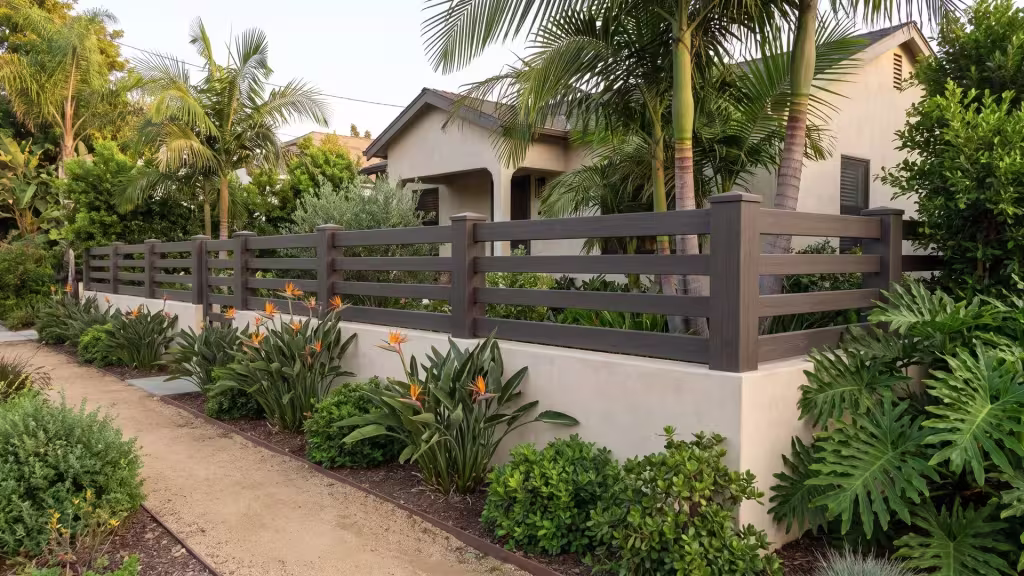 Dark Walnut vinyl horizontal picket wall topper framing a stuccoed garden wall at a compact bungalow