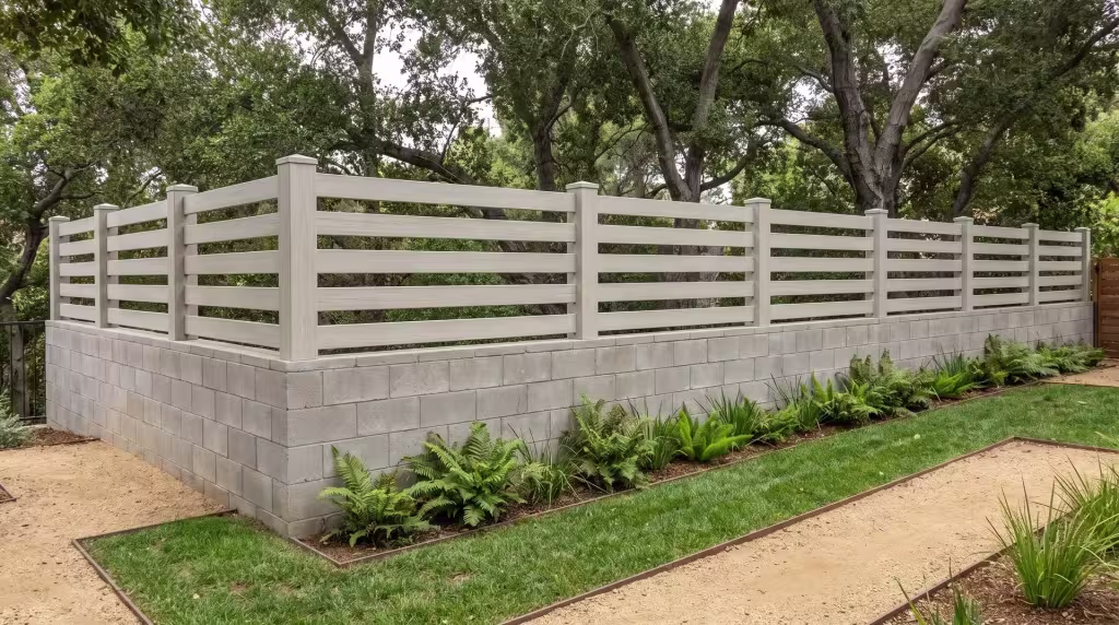Mesquite vinyl horizontal picket topper mounted above steel-edged granite paths on a hillside lot