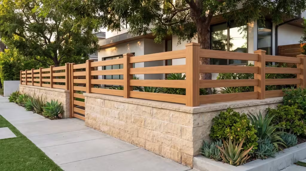 Horizontal picket wall topper in Sierra Blend vinyl set above succulents and turf near a modern home