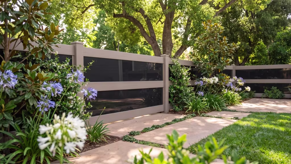 Clay vinyl privacy fence with acrylic stepping down a terraced hillside yard past agapanthus and jasmine beds