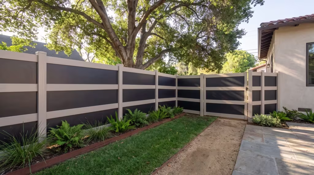 Tan vinyl privacy fence with acrylic lines a narrow lawn strip beside a steel-edged granite path