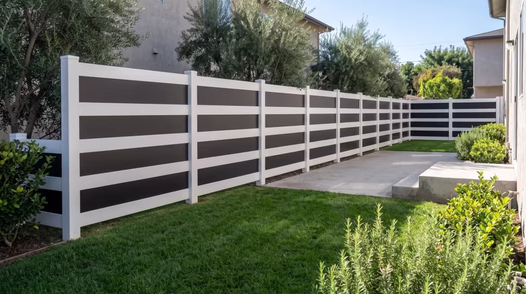 Poured concrete steps and rosemary beds edge a White vinyl privacy fence with acrylic near the patio
