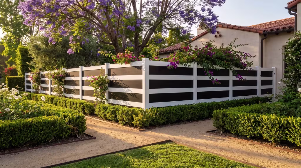 Boxwood and jacaranda canopy frame a White vinyl privacy fence with acrylic through this narrow side yard