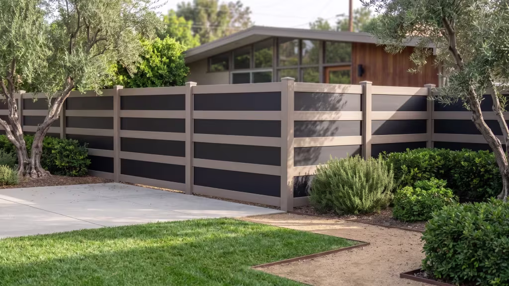 Clay vinyl privacy fence with acrylic lining a decomposed granite path edged in steel among mature olive trees