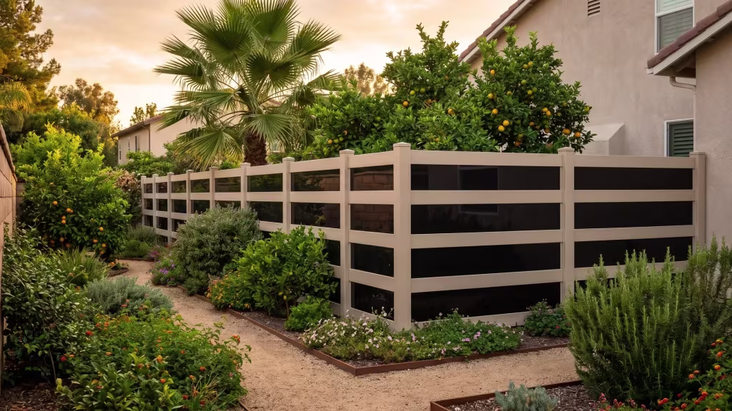 Tan vinyl privacy fence with acrylic running past a tall fan palm and citrus trees in a side yard