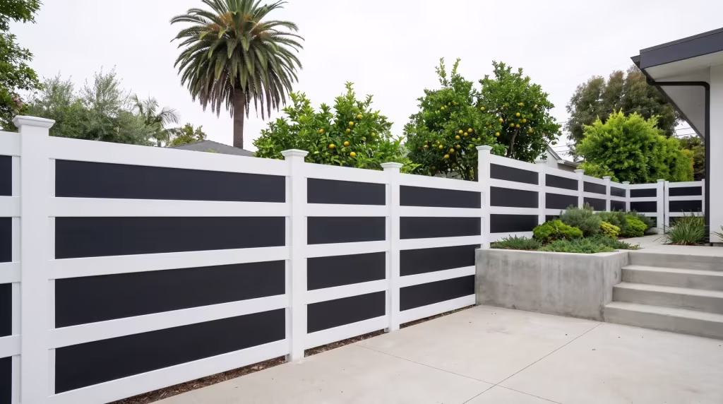 A tall fan palm shades this White vinyl privacy fence with acrylic across a compact modern backyard