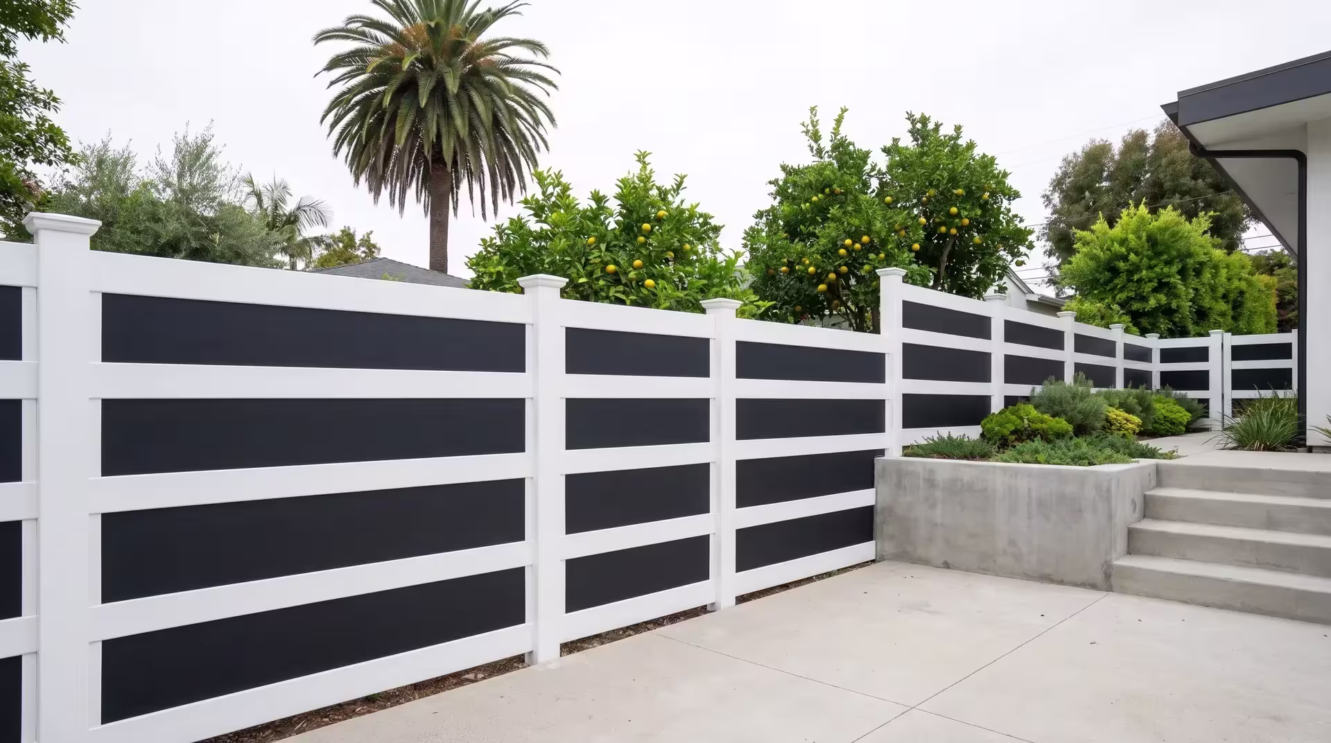 A tall fan palm shades this White vinyl privacy fence with acrylic across a compact modern backyard