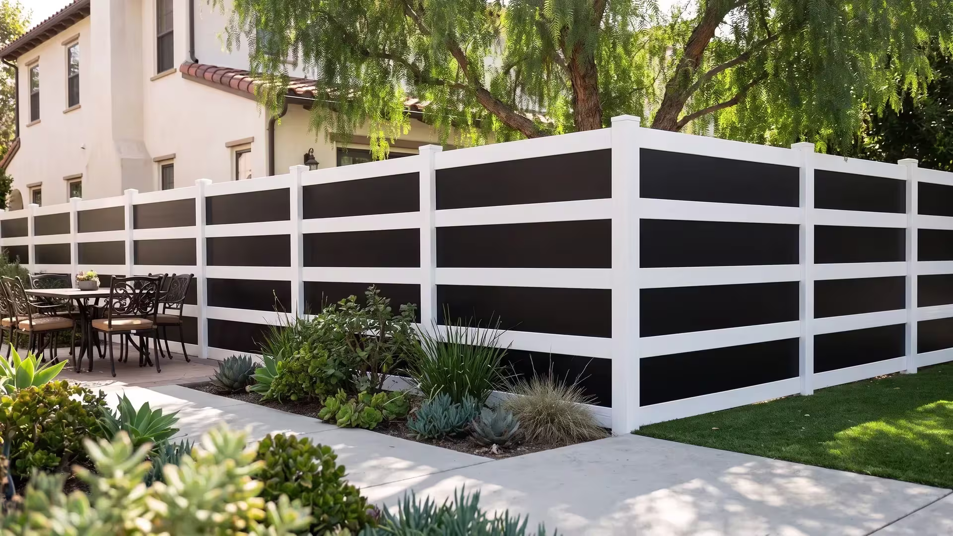 White vinyl privacy fence with acrylic screening a dining terrace along a broom finished concrete walk