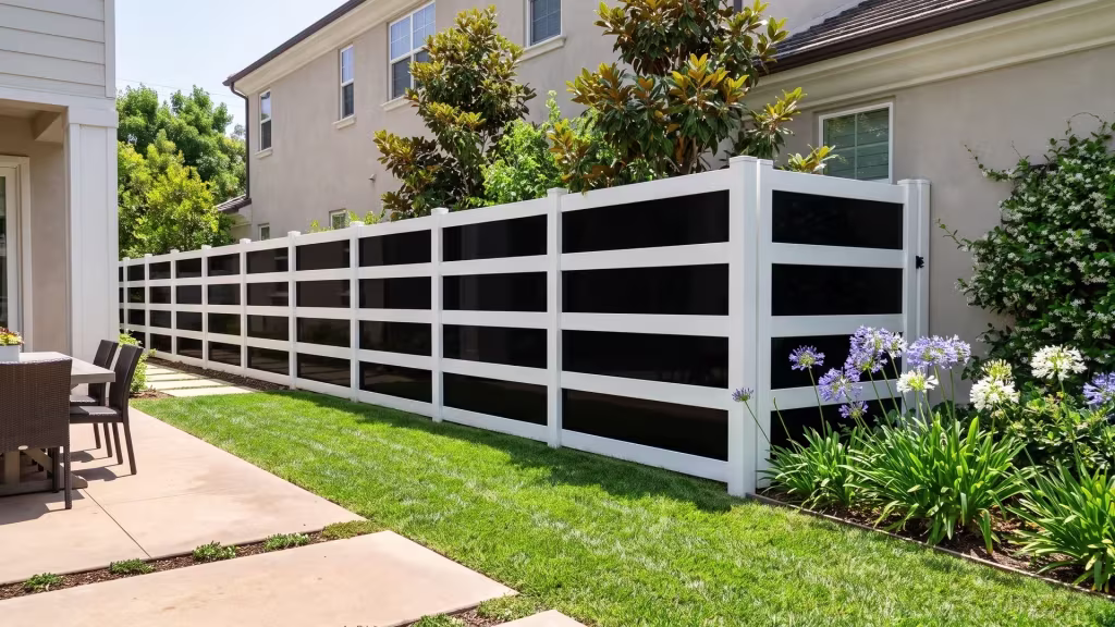 White vinyl privacy fence with acrylic framing a dining terrace planted with magnolia and jasmine