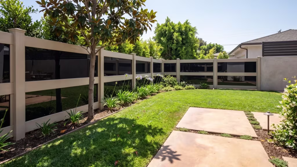 Tan vinyl privacy fence with acrylic edging warm concrete pavers beneath a mature shade tree
